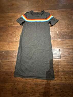 Sweet Claire Gray Rainbow Stripe T-Shirt Dress